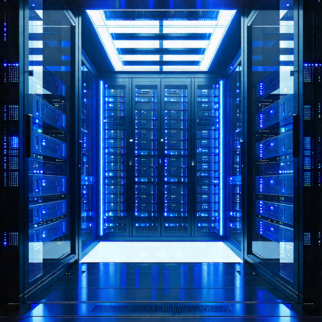 Tech Digital Art: Server Rack With Holographic Projection With Large Blue