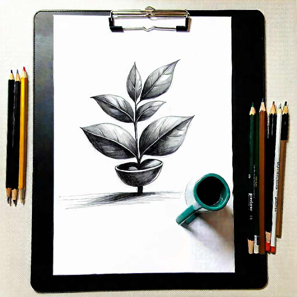 Business Charcoal Drawing: Workplace With Productivity Tools On Desk With Drawing Leaf