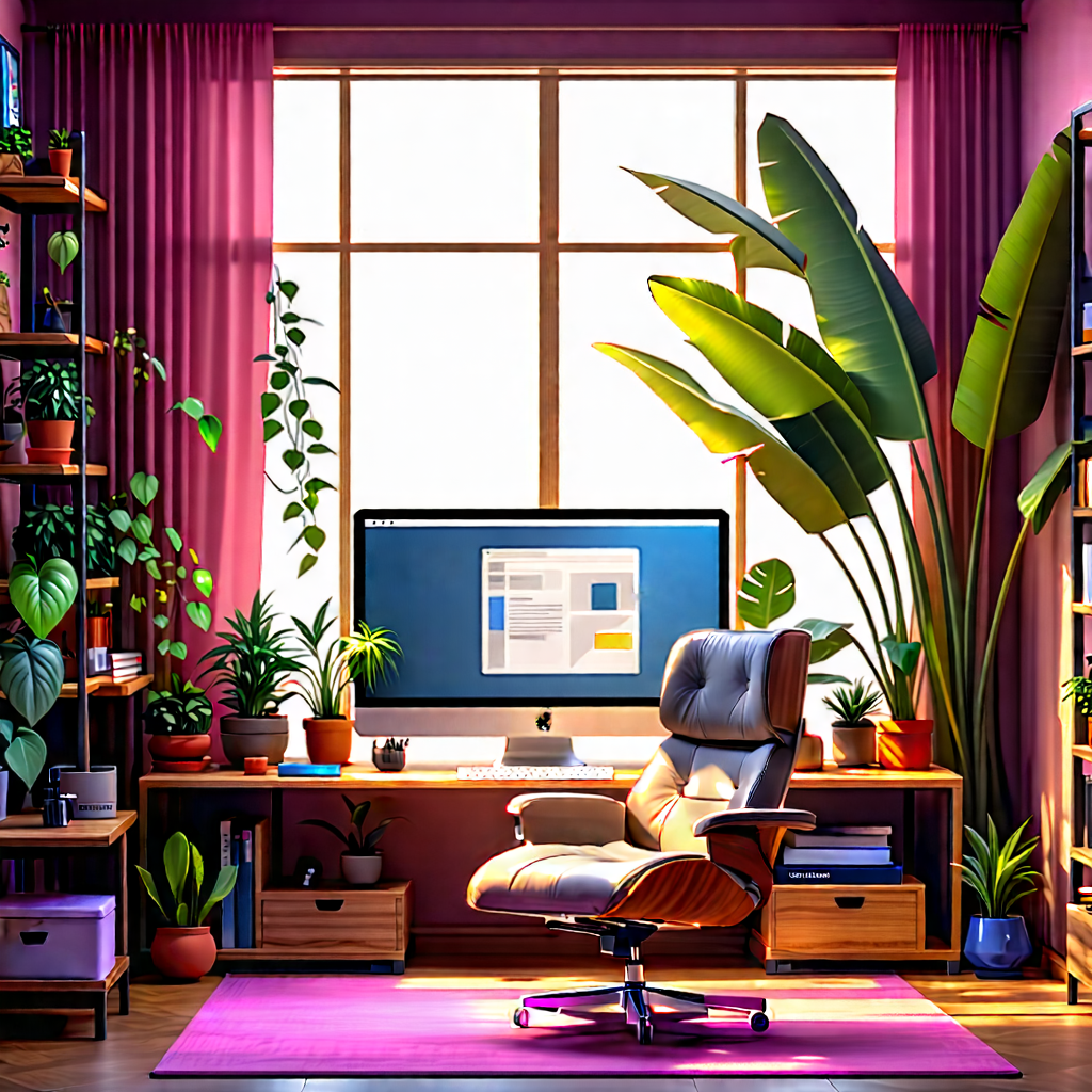 Lifestyle Digital Illustration: Home Office With Plants And Natural Elements With Image, There