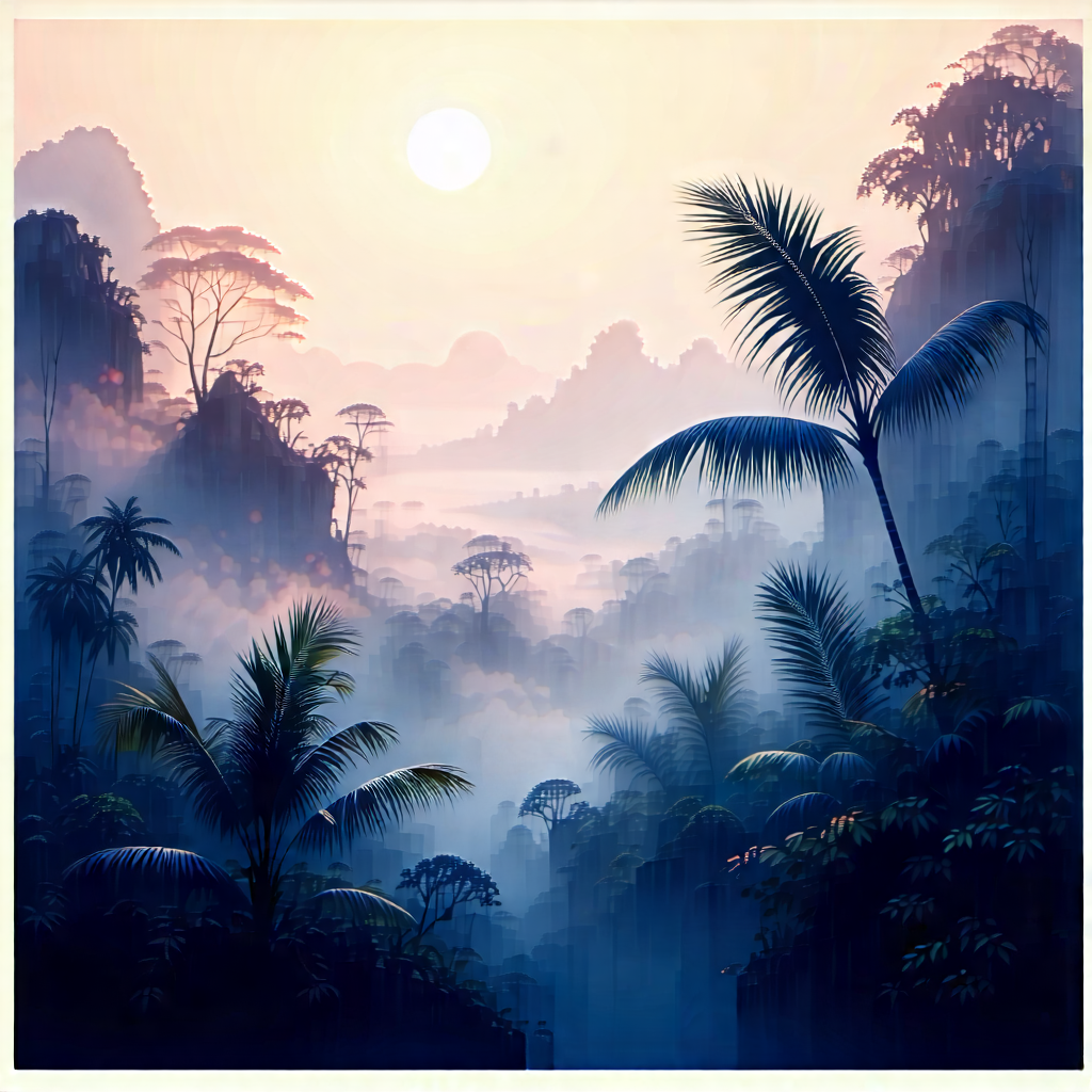 Nature Woodcut Print: Tropical Plants In Misty Environment With Beautiful Sunset