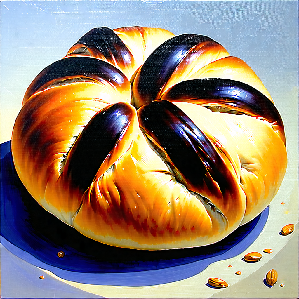 Lifestyle Acrylic Painting: Artisanal Bread Prepared With Fresh Ingredients With Large, Round,