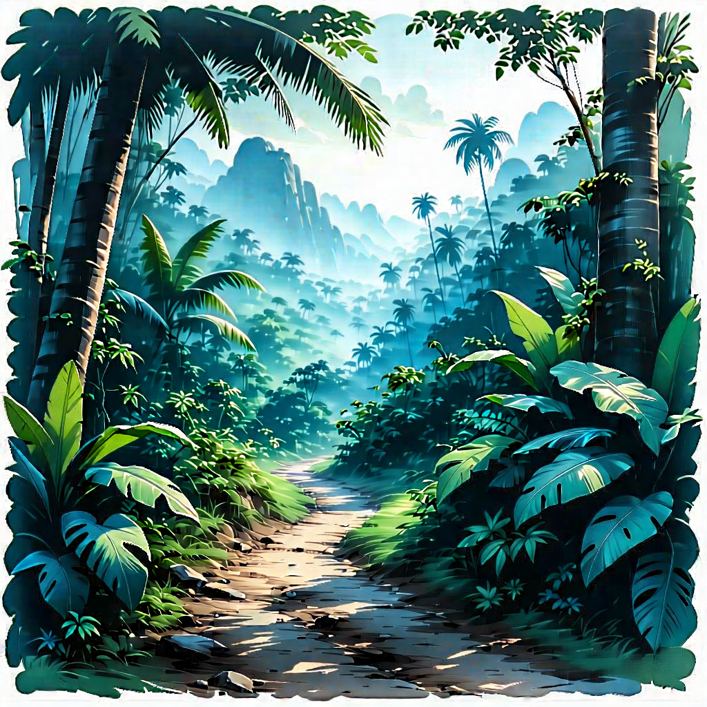 Nature Pencil Sketch: Path Through Tropical Jungle With Colorful Cartoon