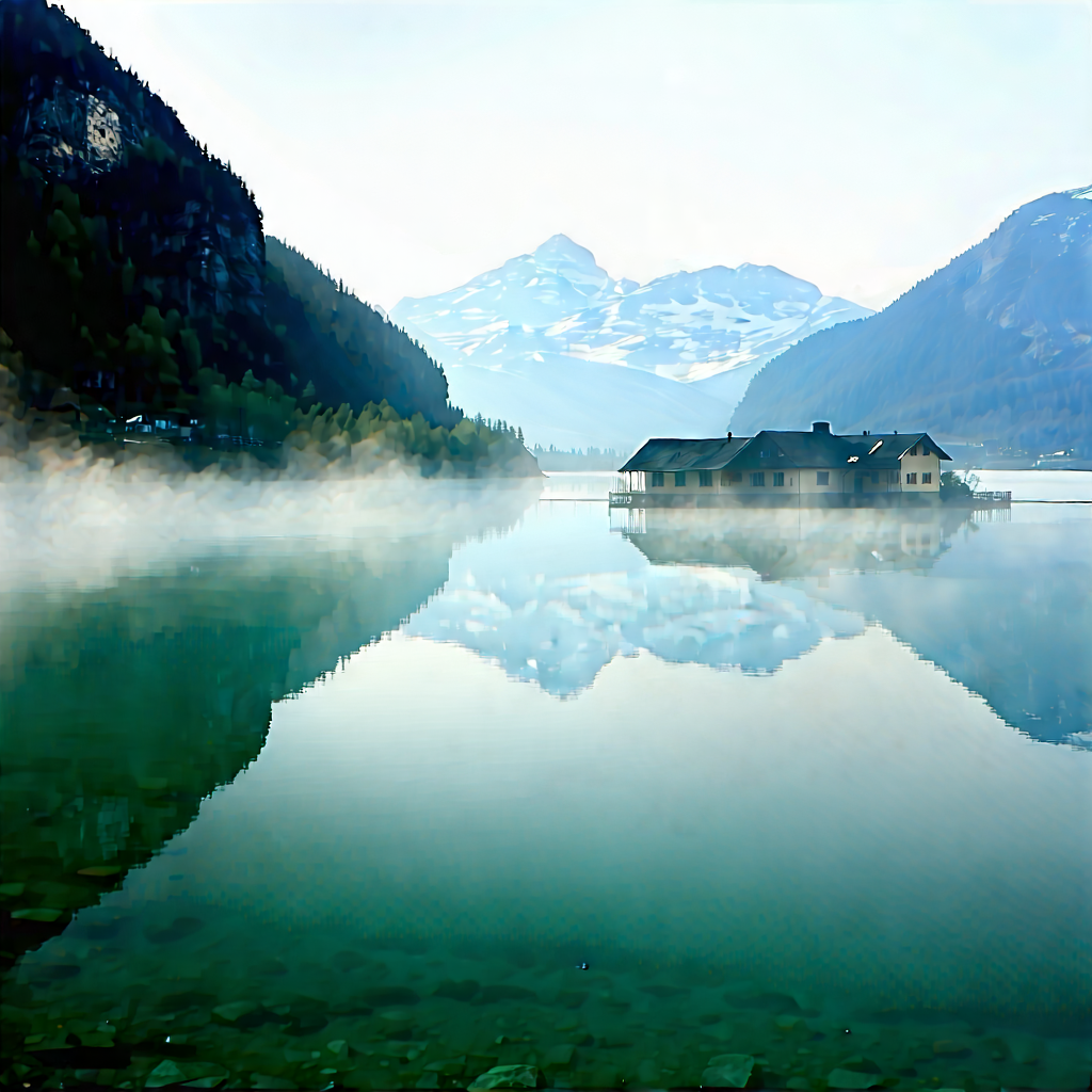 Nature Architectural Photography: Mist Over Alpine (lake:1.46) With Beautiful Mountain