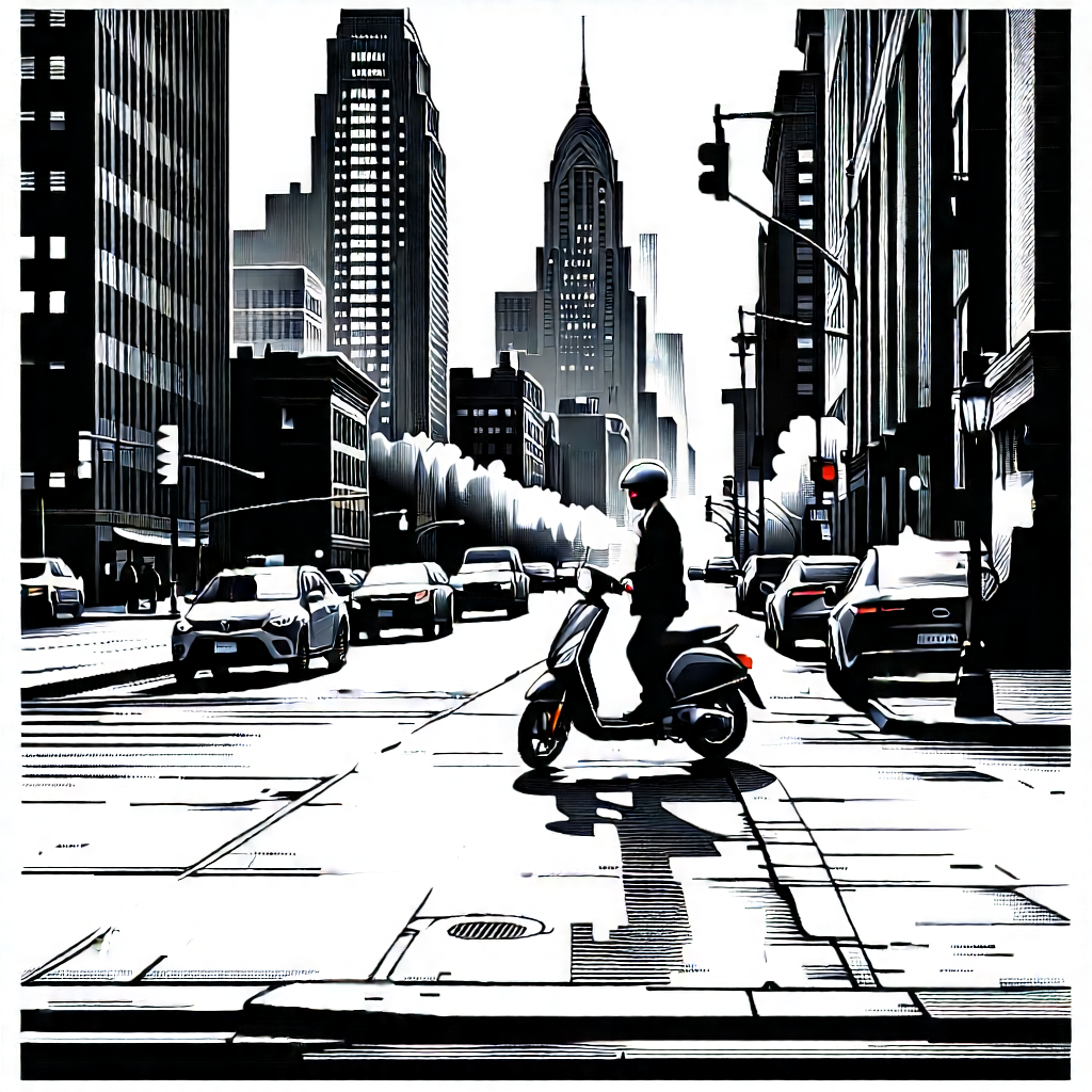 Urban Woodcut Print: City electric scooter in main avenue
