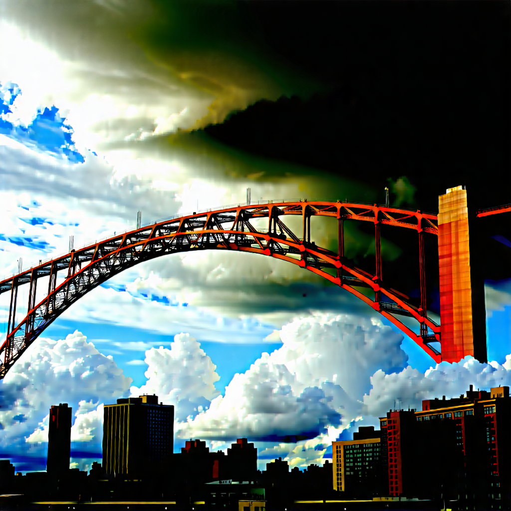 Urban Lithograph: Iconic Bridge With Dramatic Clouds With Large Bridge