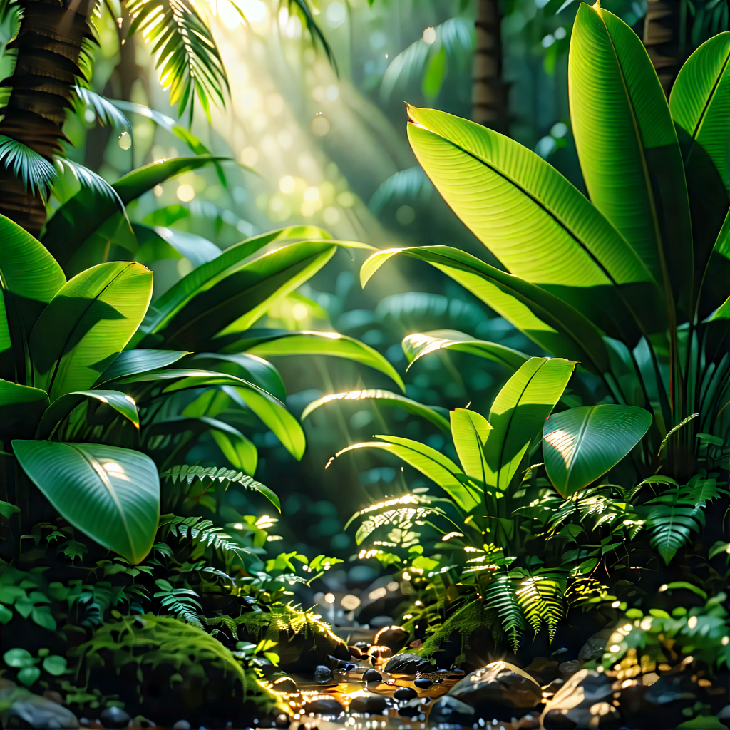 Nature Macro Photography: Tropical Plants In Sunlit Clearing With Lush Green
