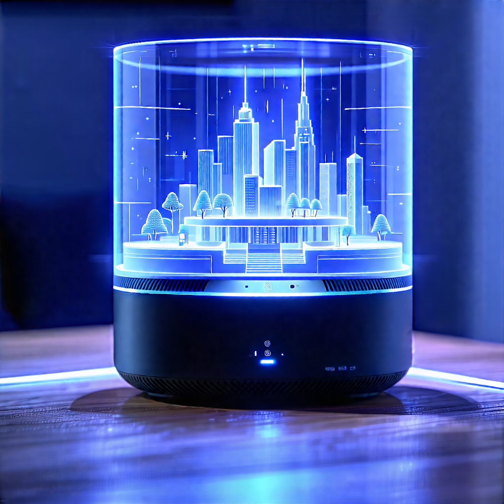 Tech Woodcut Print: Smart Home (device:1.23) With Holographic Display With Black Blue