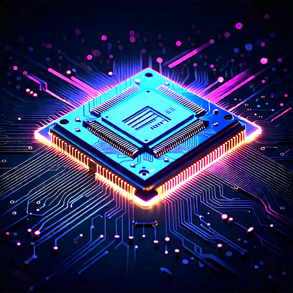 Tech Charcoal Drawing: Microchip with neon accents