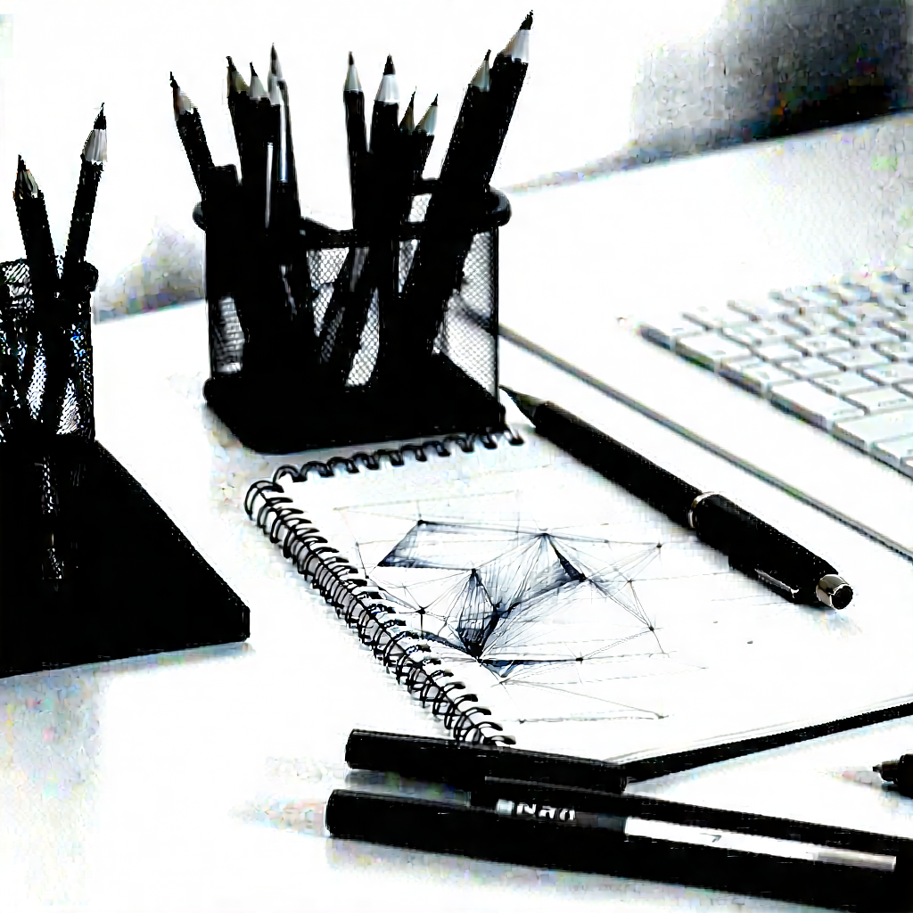 Business Charcoal Drawing: Workplace with (modern:1.29) office supplies on desk