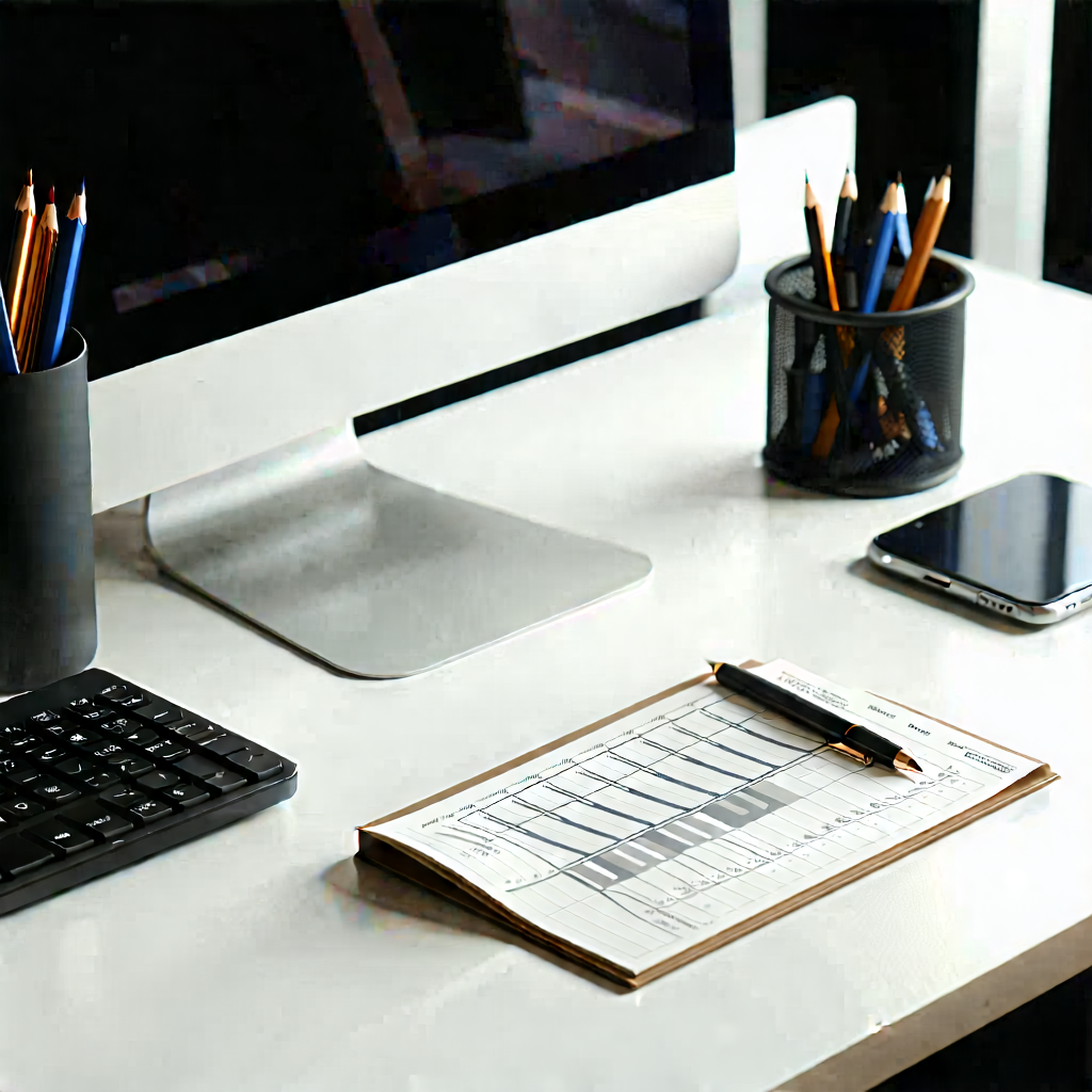 Business Technical Illustration: Workplace with productivity tools on desk