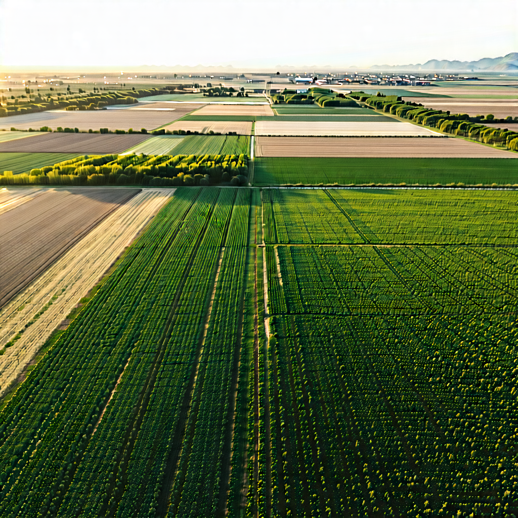 Nature Matte Painting: Aerial View Of Agricultural Fields With Large, Lush