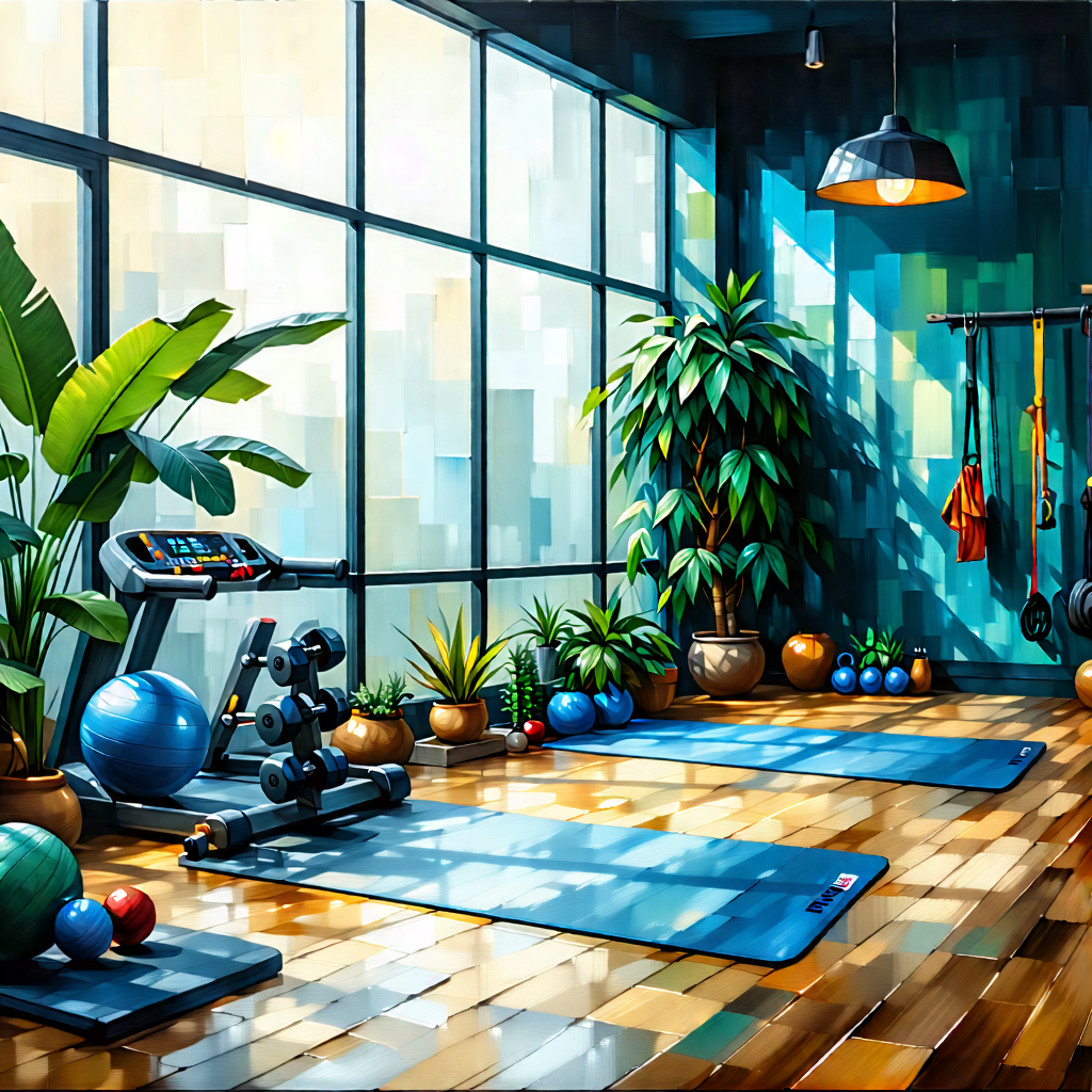 Lifestyle Gouache Painting: Wellness Scene With Fitness Equipment With Image, There