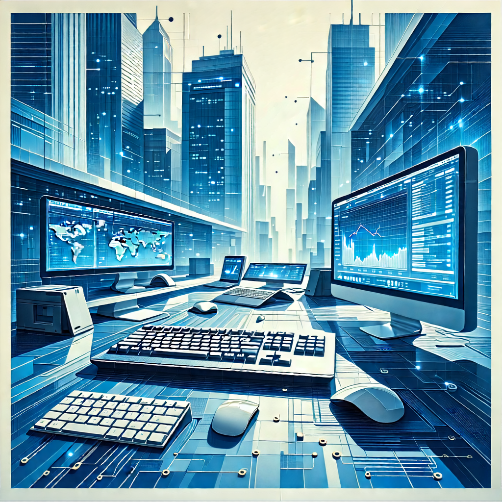 Tech Linocut Print: Financial Technology In Tech Office With Image, There