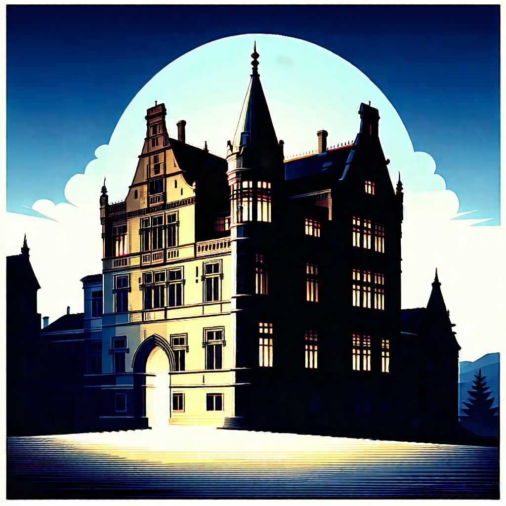 Urban Woodcut Print: Historic Building With (dramatic:1.26) (lighting:1.43) With Black White