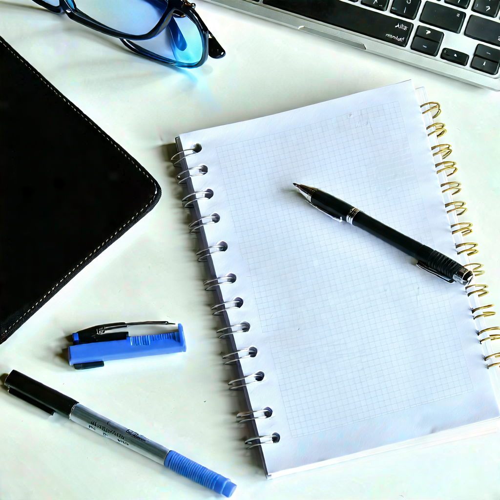 Business Aerial Photography: Workplace with notebooks and pens on desk