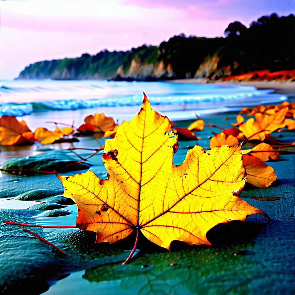 Nature Blender Artwork: Autumn Leaves In Coastal Environment With Beautiful Beach