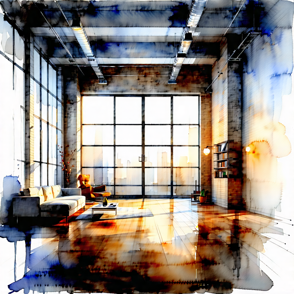 Urban Watercolor Painting: Urban Loft With (minimalist:1.13) Design With Black White