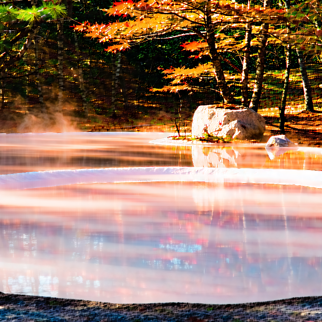Nature Tilt-shift Photography: Hot Spring Surrounded By Autumn (trees:1.34) With Large, Round