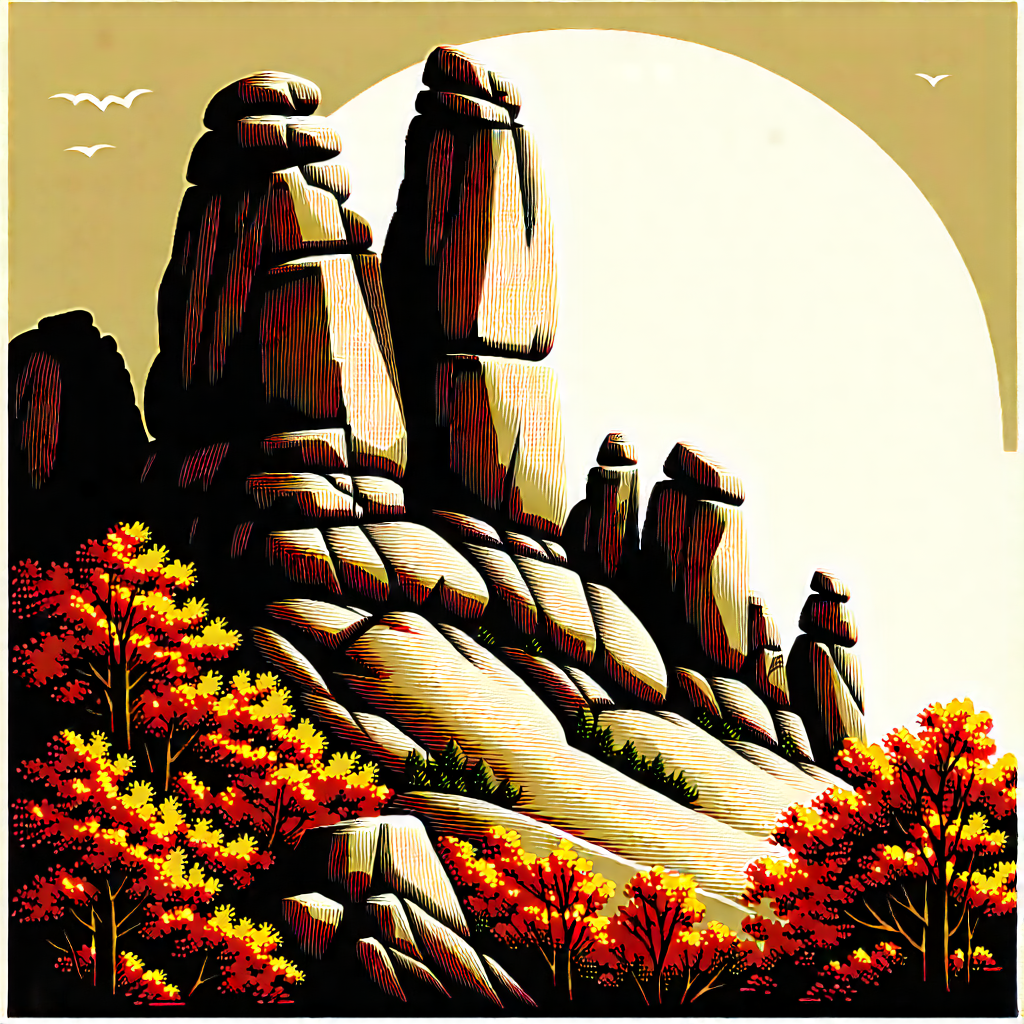 Nature Linocut Print: Rock Formation In Autumn Colors With Painting Rocky