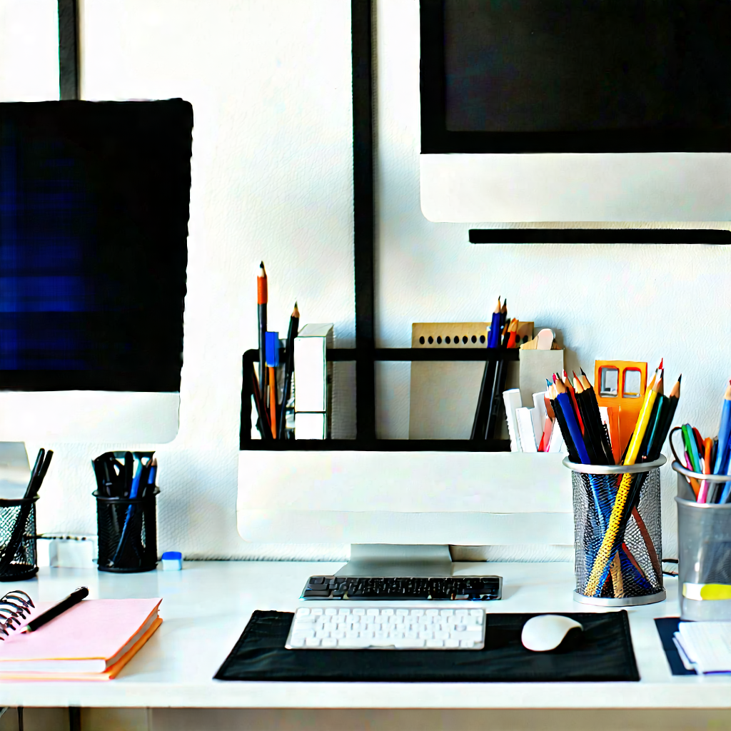 Business Matte Painting: Workplace With Modern Office Supplies On Desk With White Desk