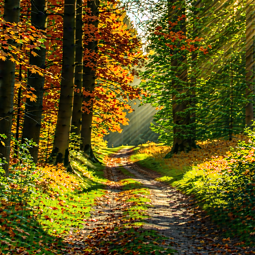 Nature Lithograph: Path Through Autumn Woodland With Beautiful Forest