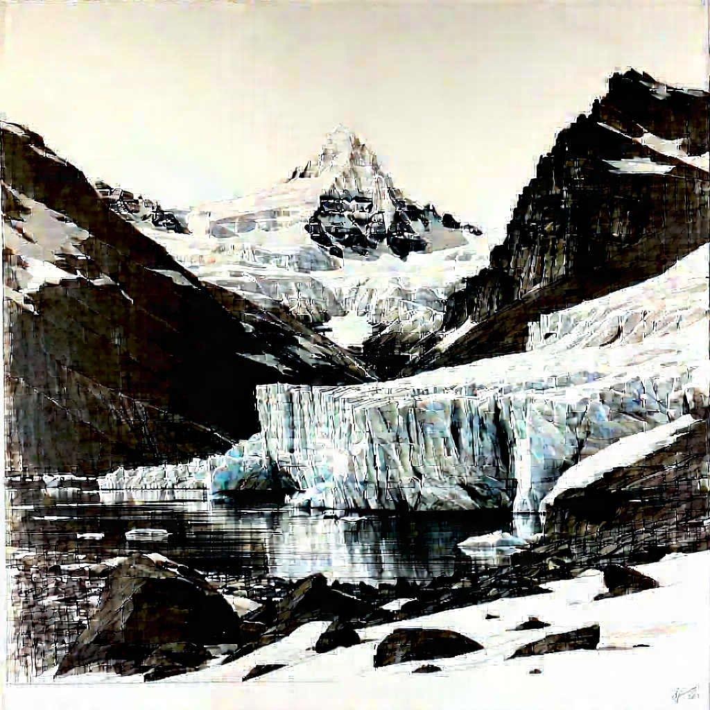 Nature Charcoal Drawing: Glacier In Summer With Large Mountain