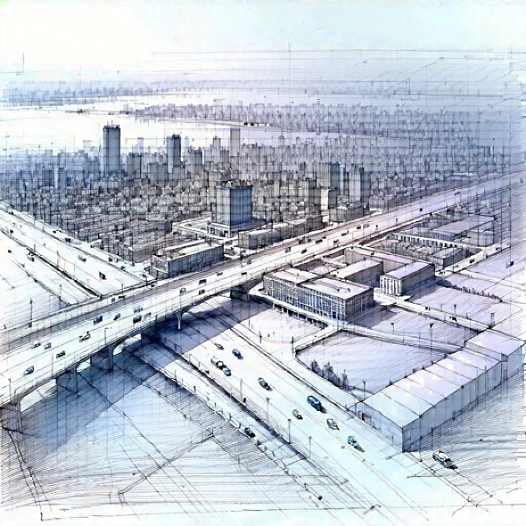 Urban Pencil Sketch: Aerial View Of Urban Renewal Area With Large City