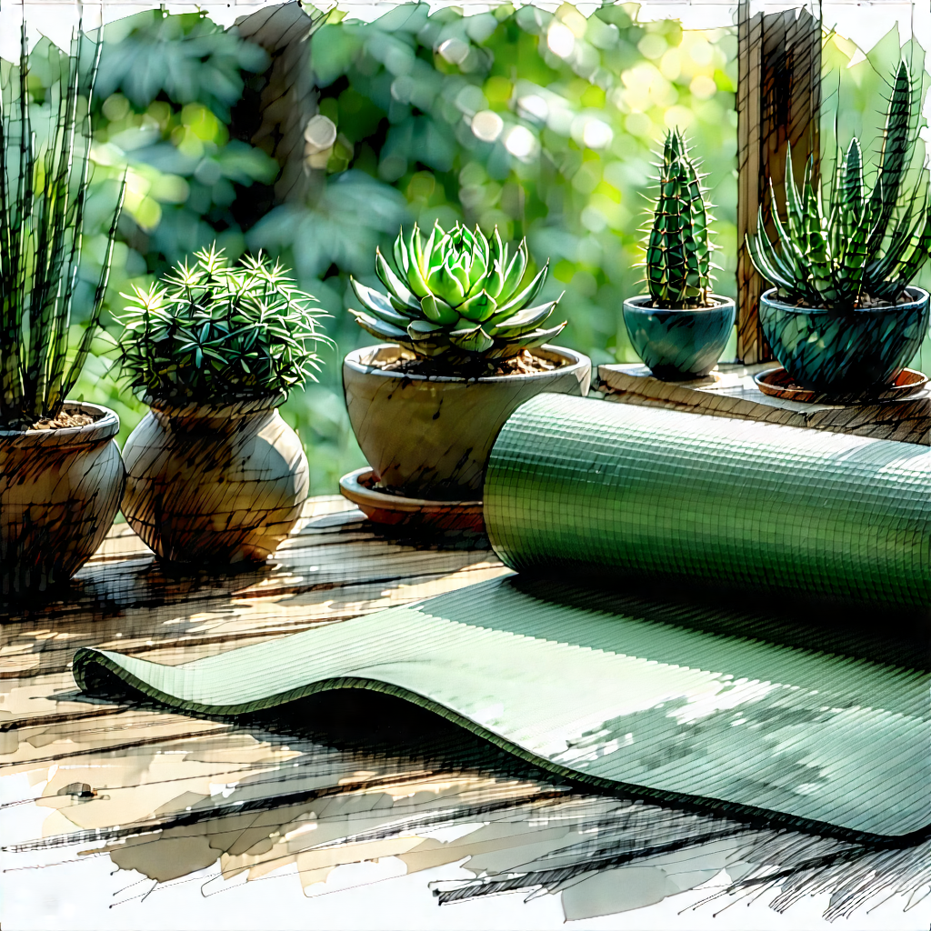 Lifestyle Charcoal Drawing: Wellness Scene With Yoga Mat And Plants With Image, There