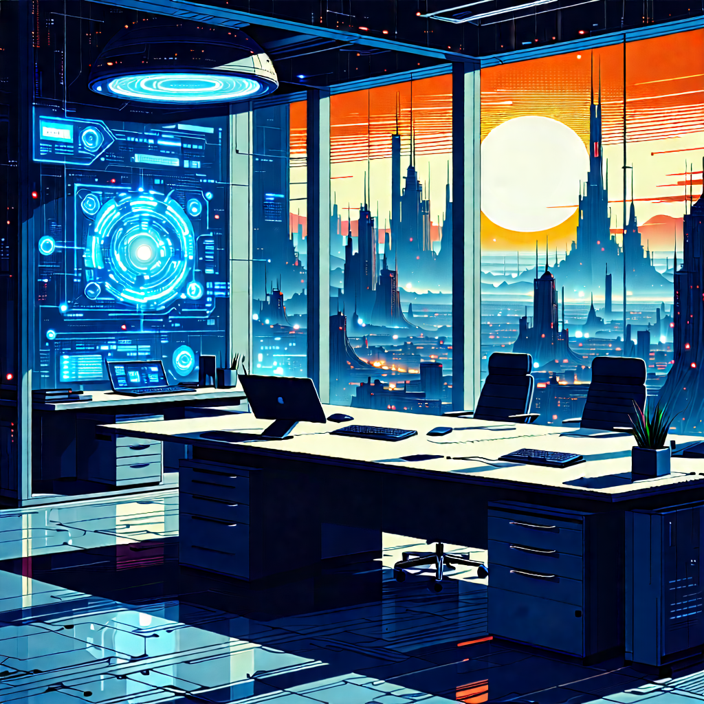 Tech Woodcut Print: Futuristic Tech Startup Office With Futuristic Scene,