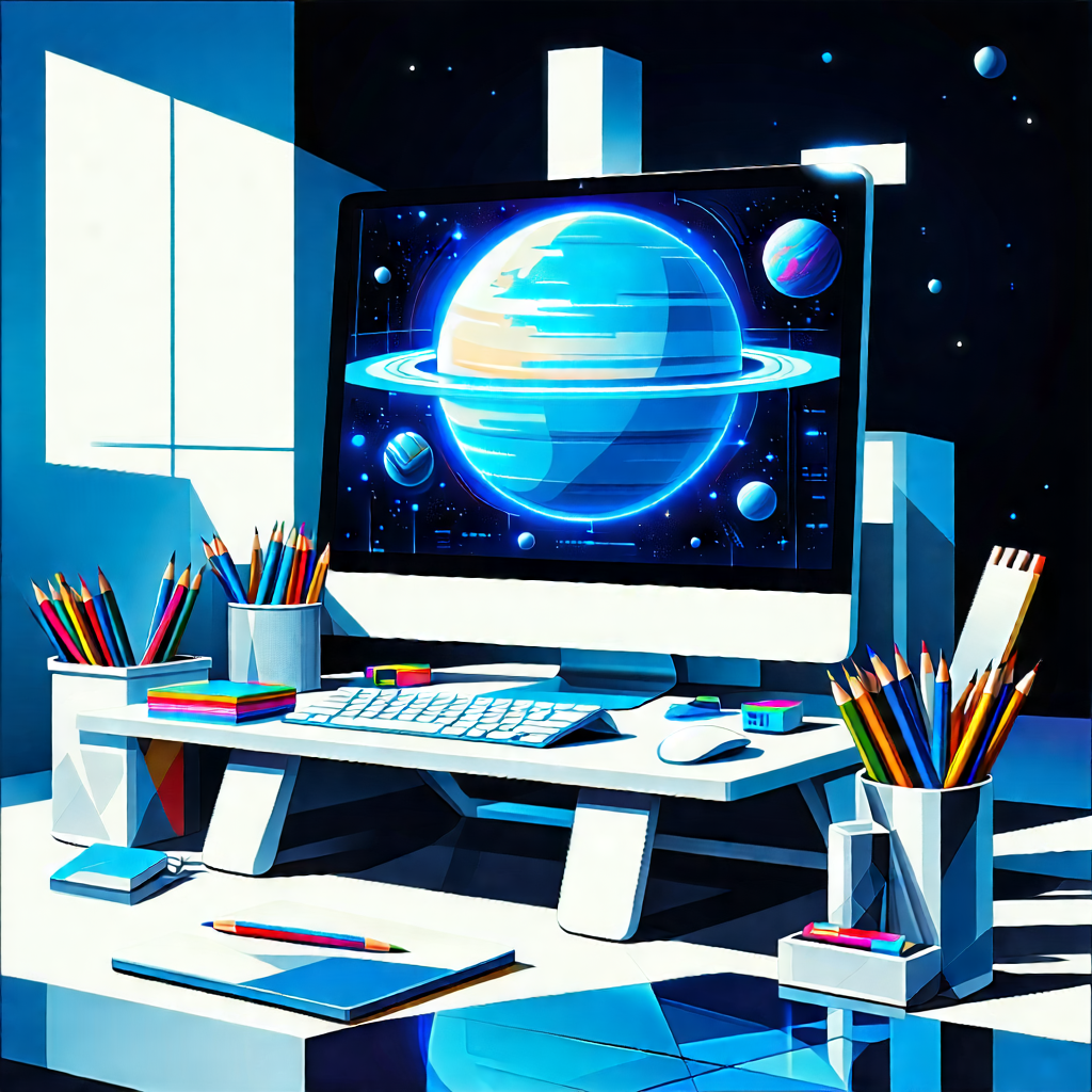 Tech Gouache Painting: (futuristic:1.45) Digital Workspace With Computer Desk