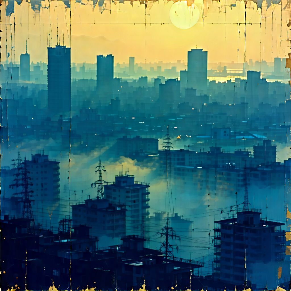 Urban Woodcut Print: Cityscape Of Urban Skyline During Foggy Morning With Black White