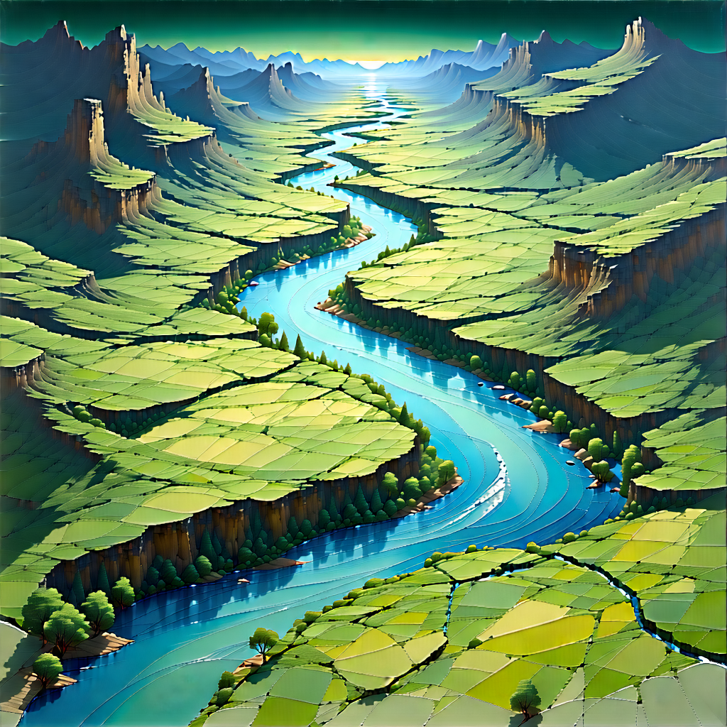Nature Gouache Painting: Aerial View Of Winding River With Painting River