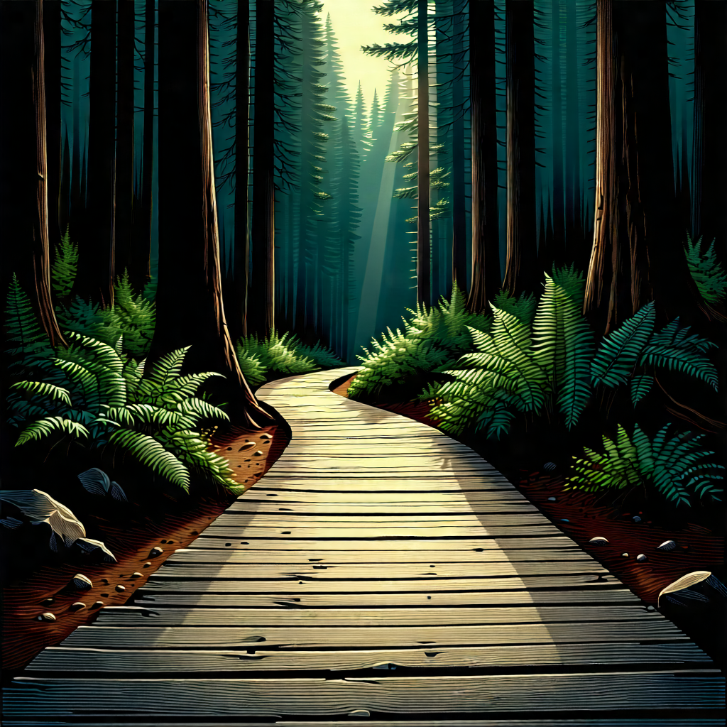 Nature Woodcut Print: Path Through Redwood (forest:1.3) With Wooden Pathway