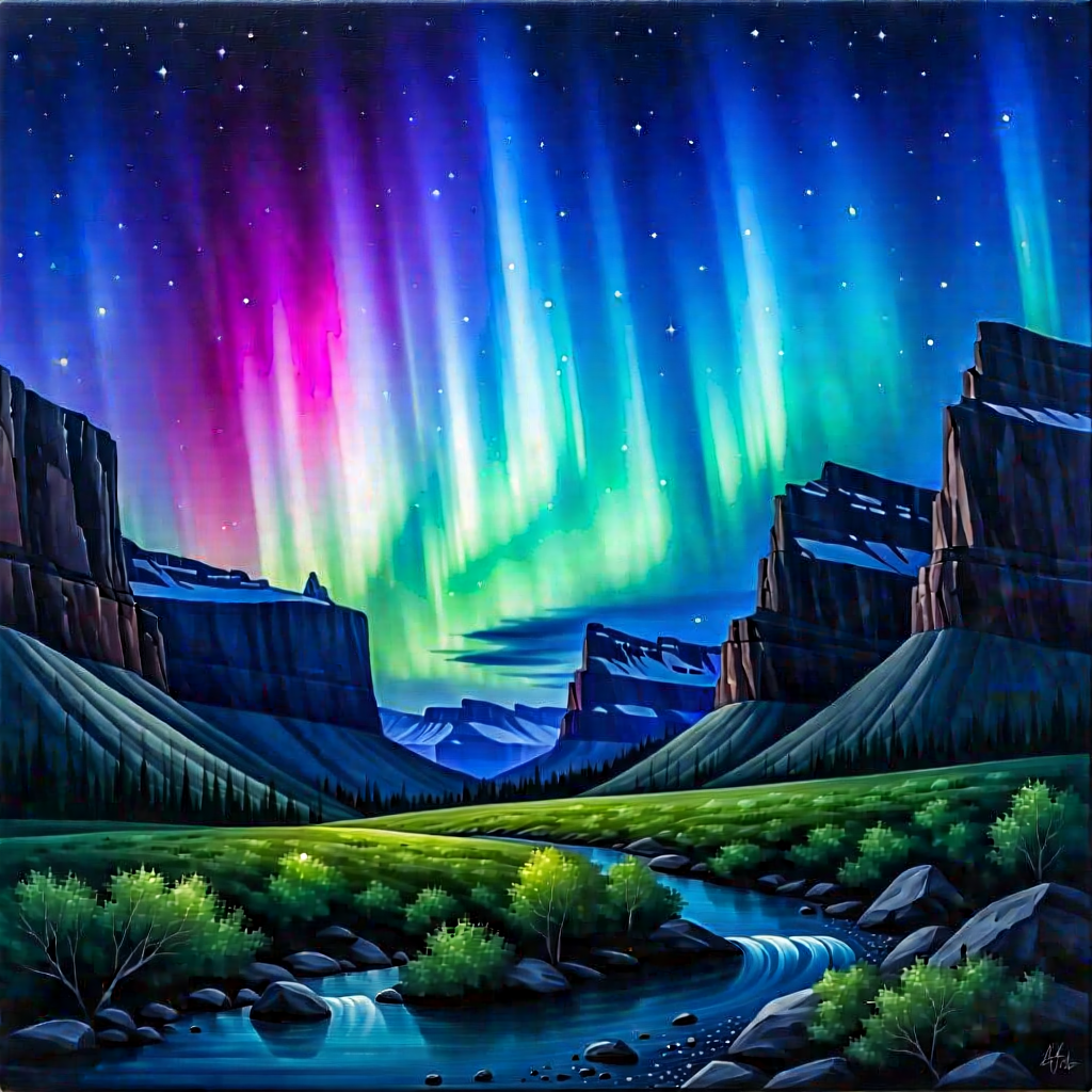 Nature Acrylic Painting: Northern Lights Over Canyon Floor With Beautiful Landscape