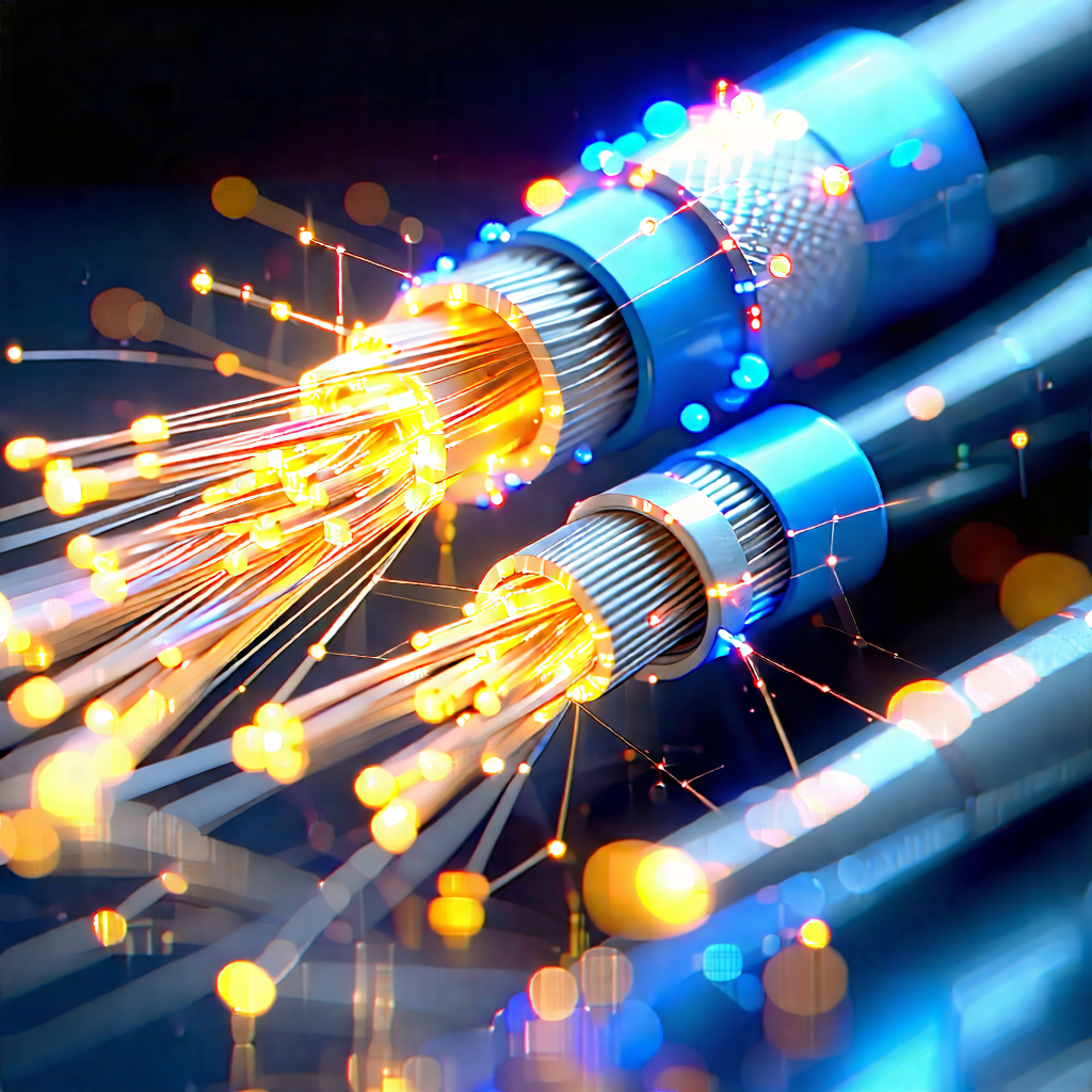 Tech Diagram Style: Close-up Of Fiber Optic Cables With Close-up Blue