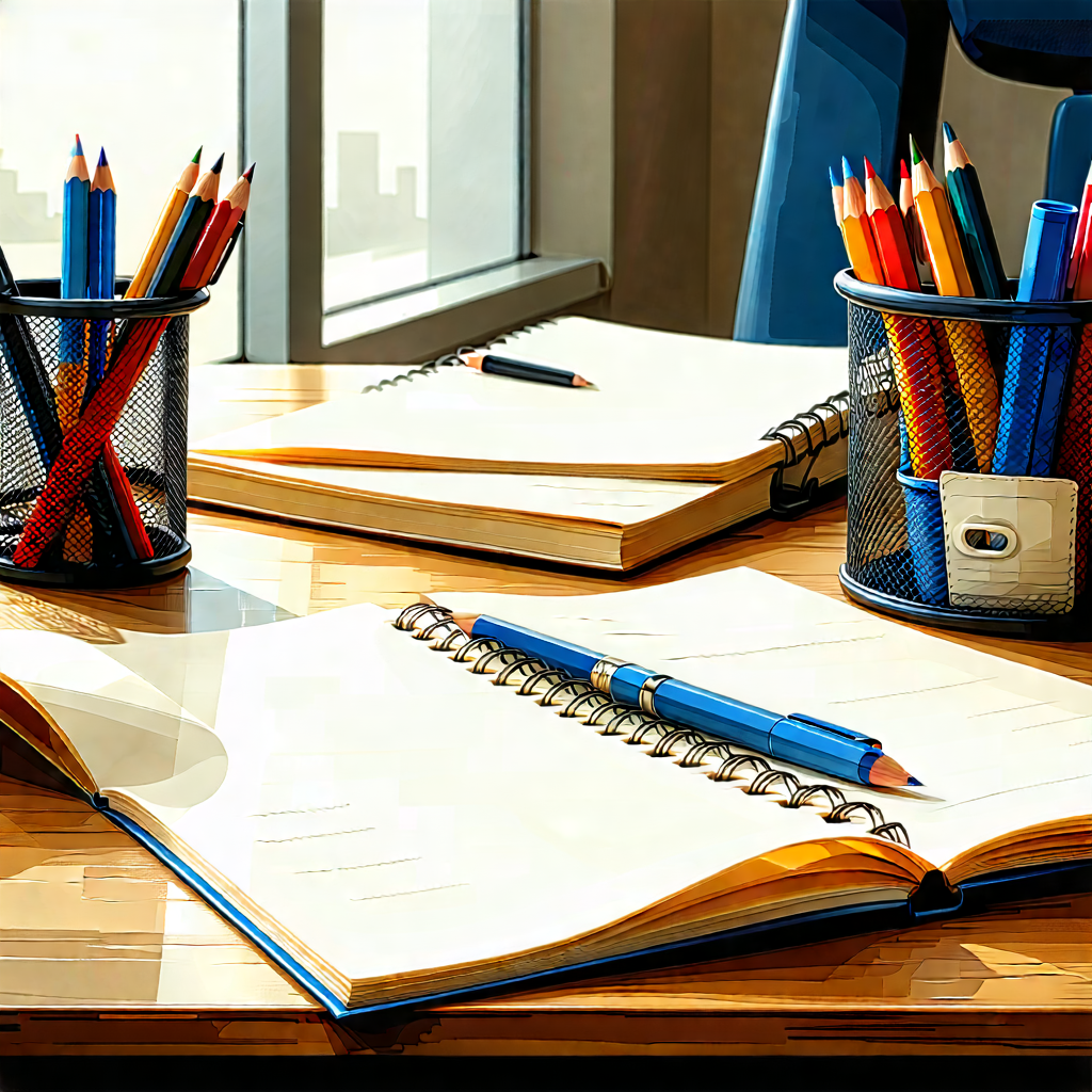 Business Lithograph: Workplace With Notebooks And Pens On Desk With Wooden Desk