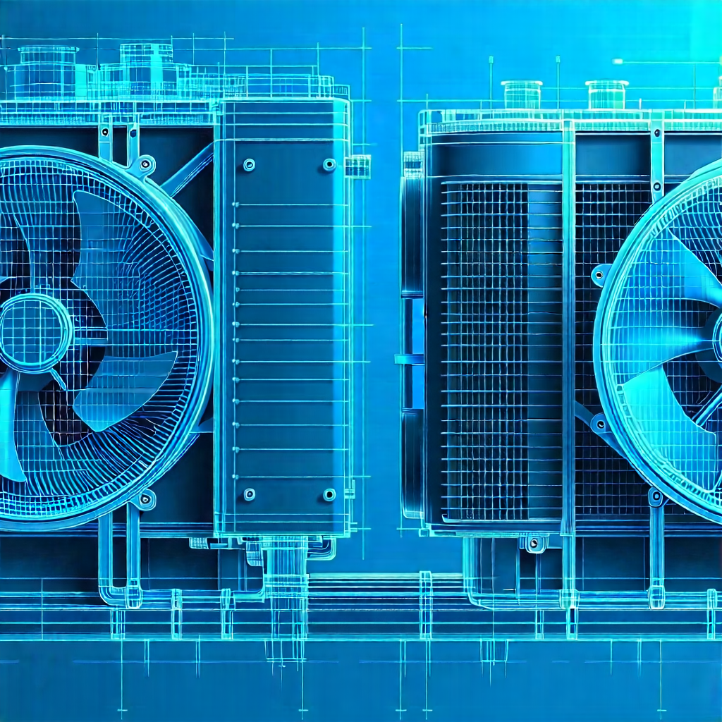 Tech Blueprint Style: Close-up Of Cooling System With Large Fans,