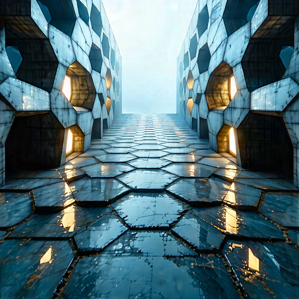 Abstract Brutalist Design: Hexagonal pattern with refracted light