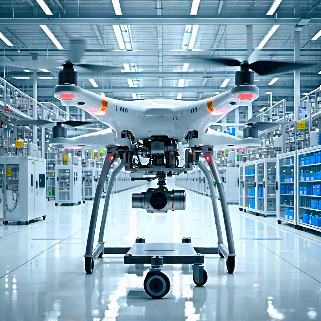 Tech Drone Photography: Healthcare Technology In Manufacturing Facility With White Drone
