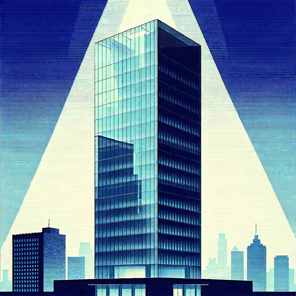 Urban Linocut Print: Glass office tower with dramatic (lighting:1.16)