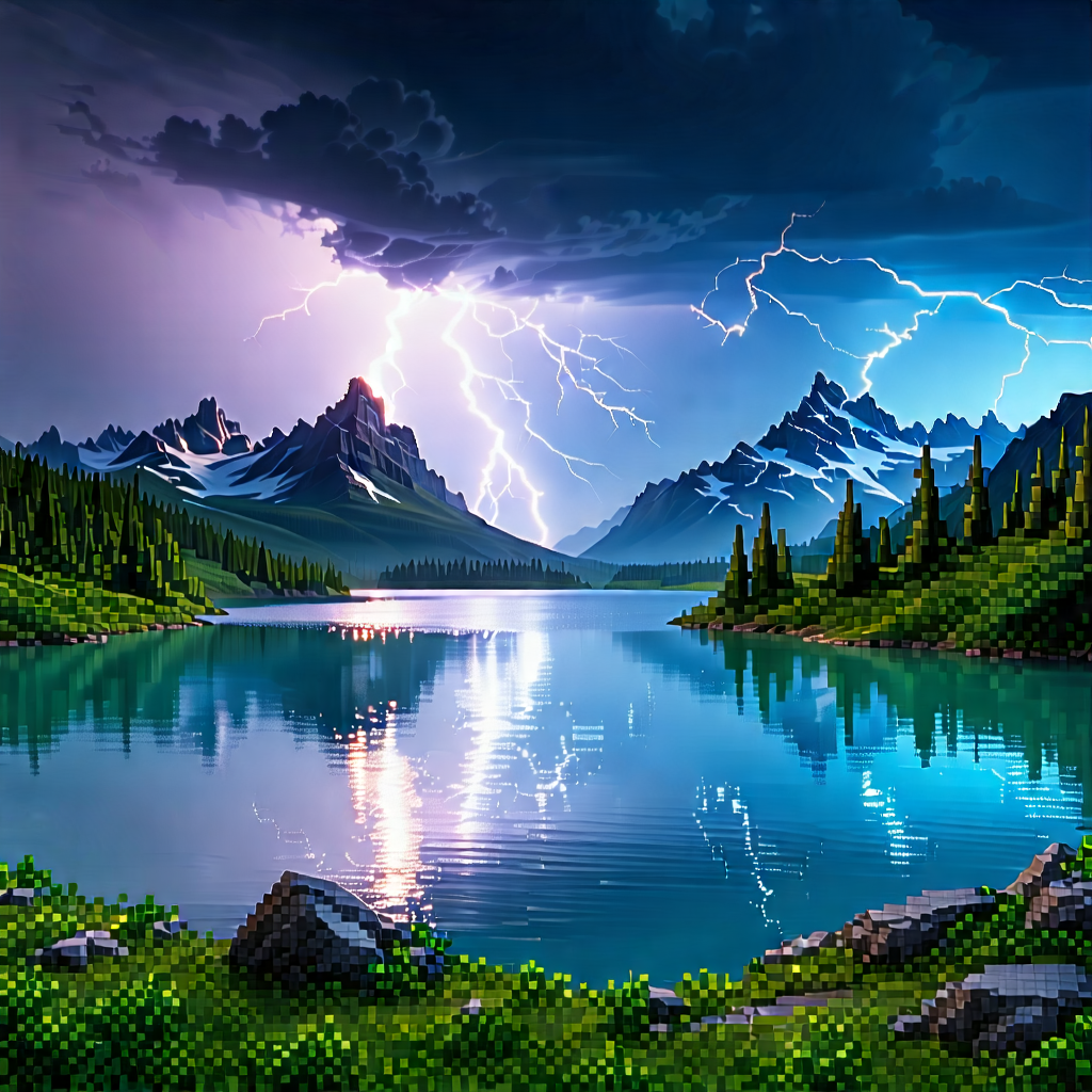 Nature Voxel Art: Lightning over alpine (lake:1.43)