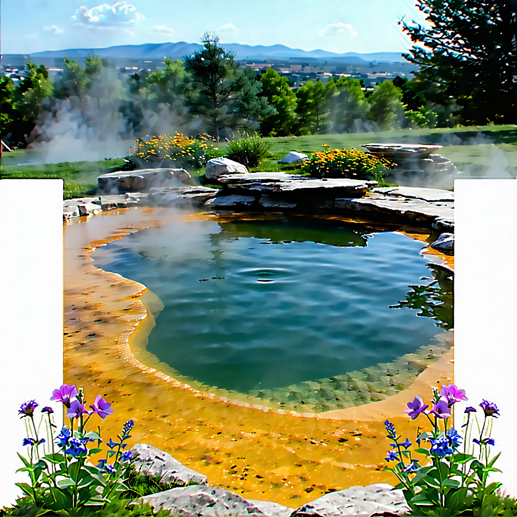 Nature Concept Art: Hot Spring Surrounded By Wildflowers With Beautiful Outdoor