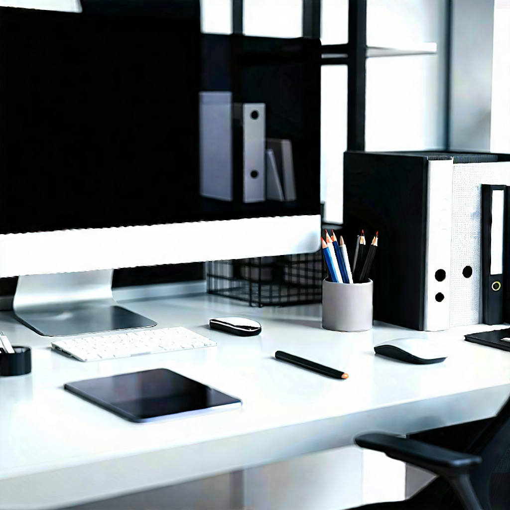 Business Geometric Design: Workplace with productivity tools on desk