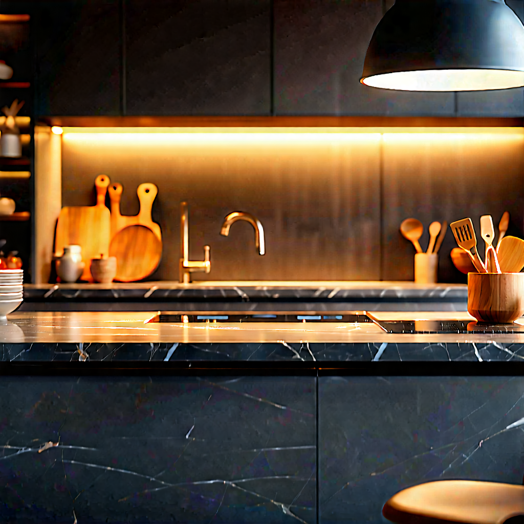 Lifestyle Professional Photography: Modern Kitchen With Warm (lighting:1.31) With Kitchen Marble