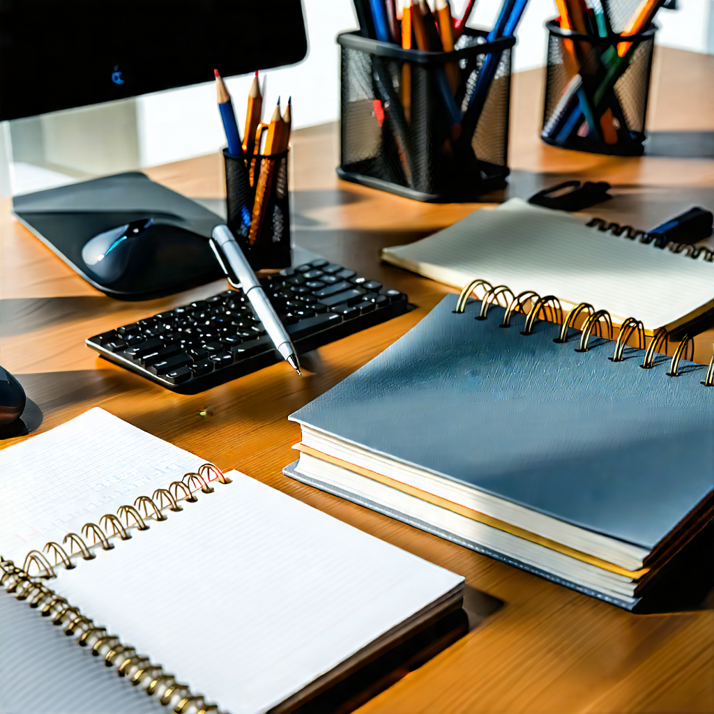 Business Octane Render: Workplace with notebooks and pens on desk