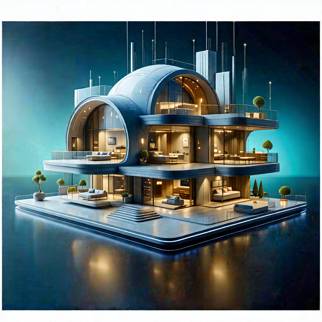 Tech Etching: (futuristic:1.14) Smart Home With Rendering Large,