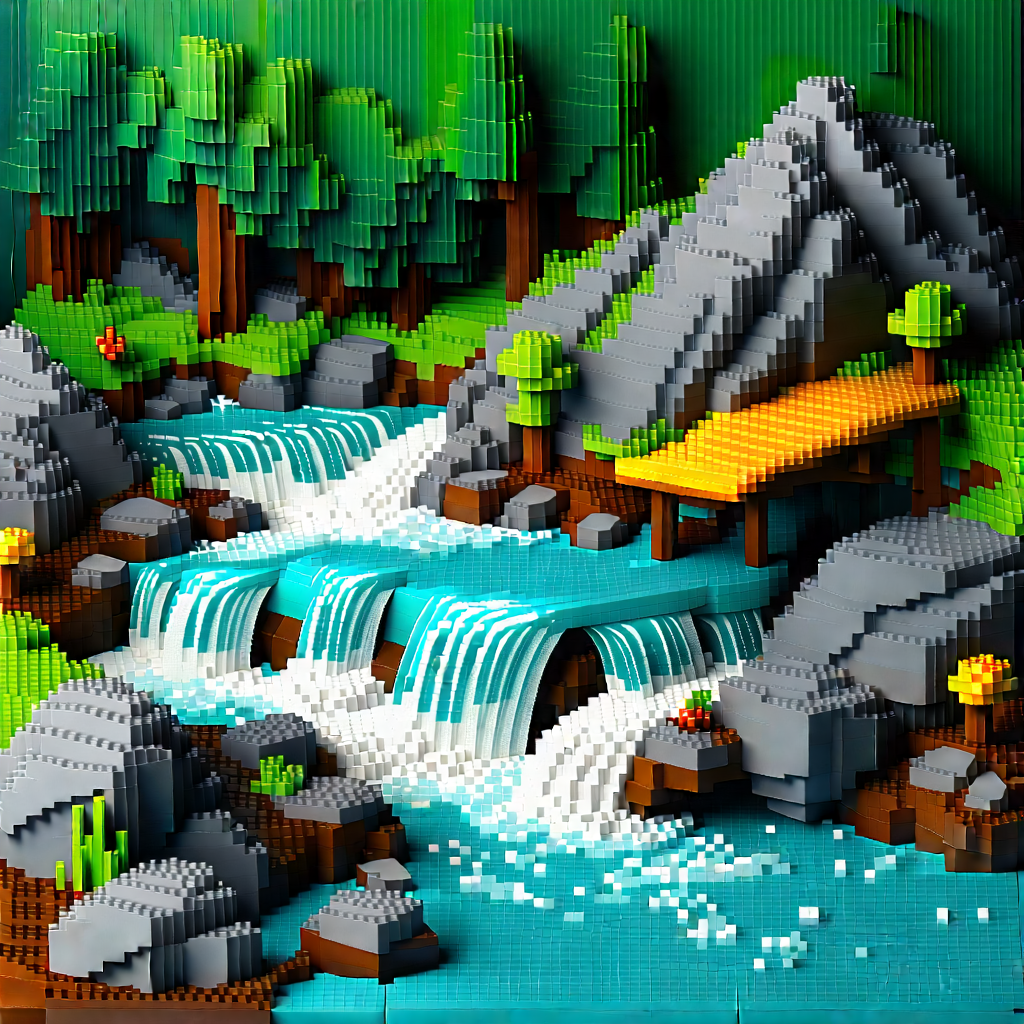 Nature Voxel Art: Mountain stream surrounded by rocky shores