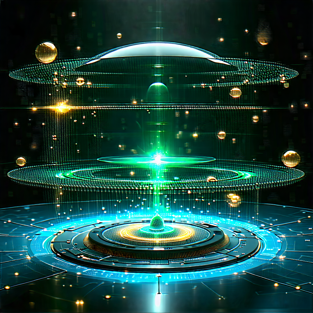 Tech Matte Painting: Quantum Computer With Digital Particles With Image, There