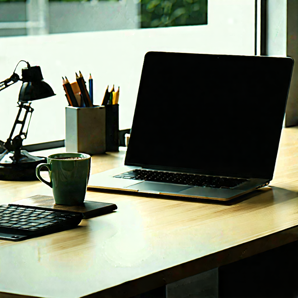 Business Etching: Workplace with laptop and coffee on desk