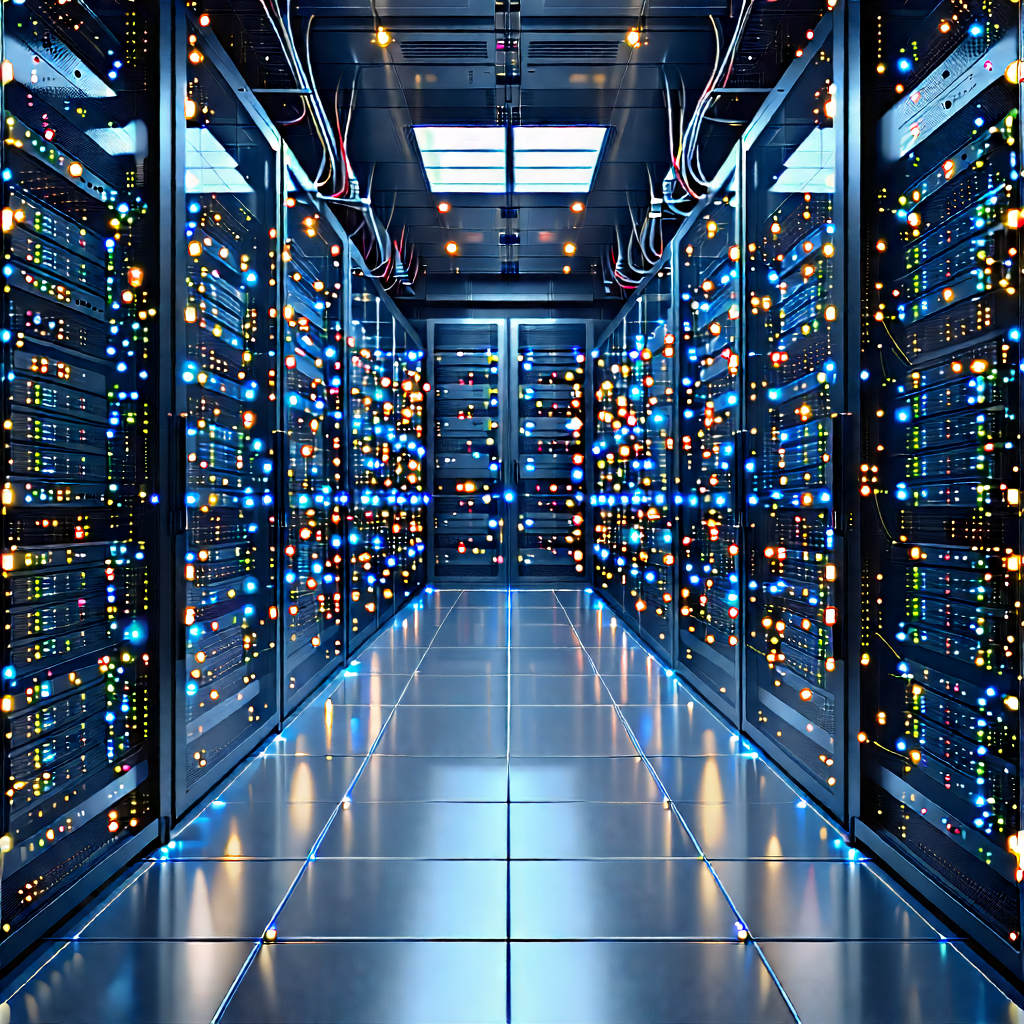Tech Aerial Photography: Server Rack With Digital Particles With Large Room